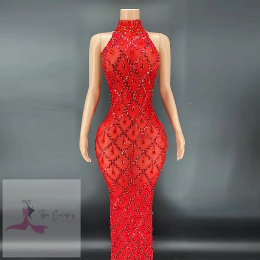Red Diamond Dress Luxury Floor Length Red Desire Diamond Chandelier High Neck Birthday Dress For Women - D.D.C Celeb's Clothing