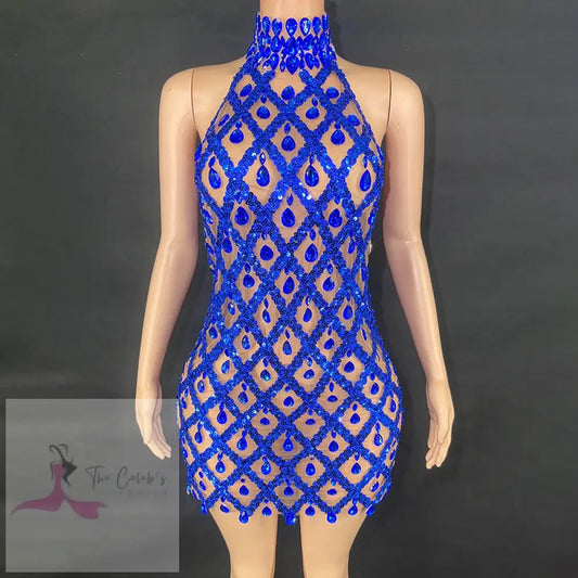 Desire Sunset Mini Royal Blue Diamond Nude Mesh Chandelier Dress - D.D.C Celeb's Clothing