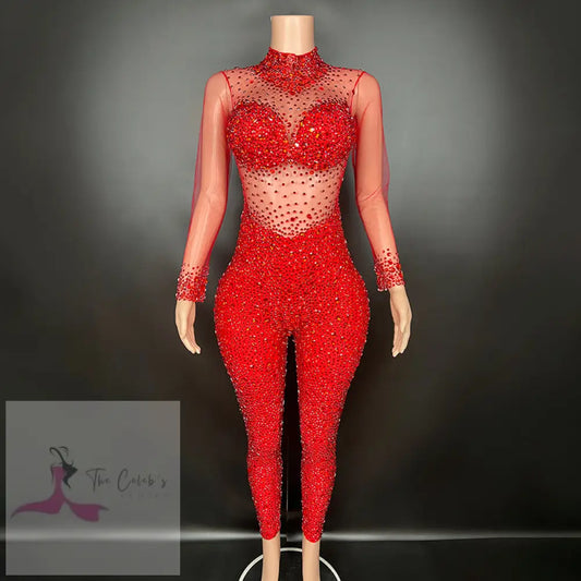 Ruby Ice Cora Jumpsuit S Red Sparkling Rhinestone Jumpsuit